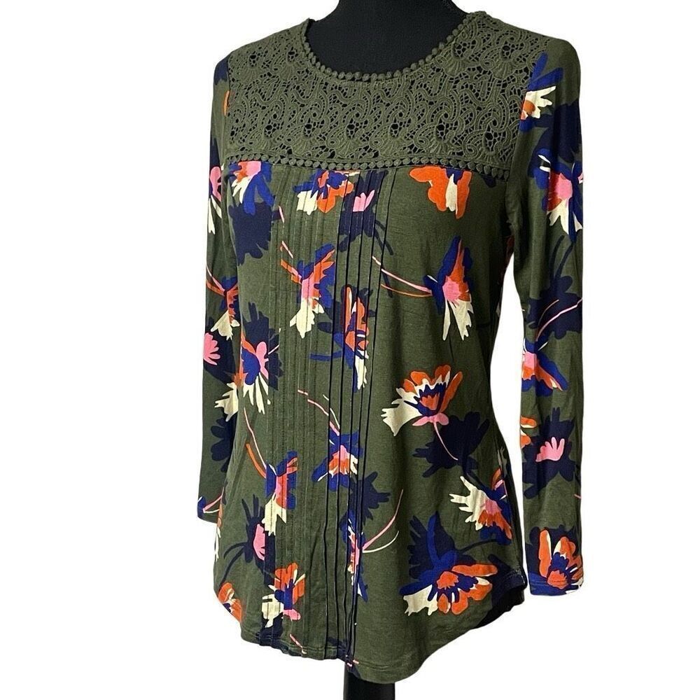 Daniel Rainn Forest Green Floral Pintucked Crocheted Lace Top